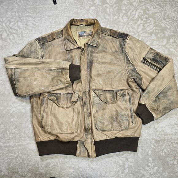 Vintage Aeropostale Brown Distressed Leather Bomber Aviator Jacket Size 42 - Picture 1 of 13